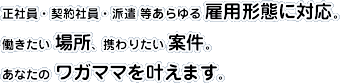正社員・契約社員・派遣 等あらゆる 雇用形態に対応。働きたい 場所、携わりたい 案件。あなたの ワガママを叶えます。